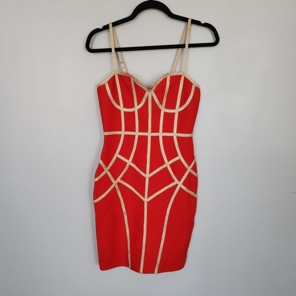 NWT The SANG Red with gold/tan trim bodycon dress size large